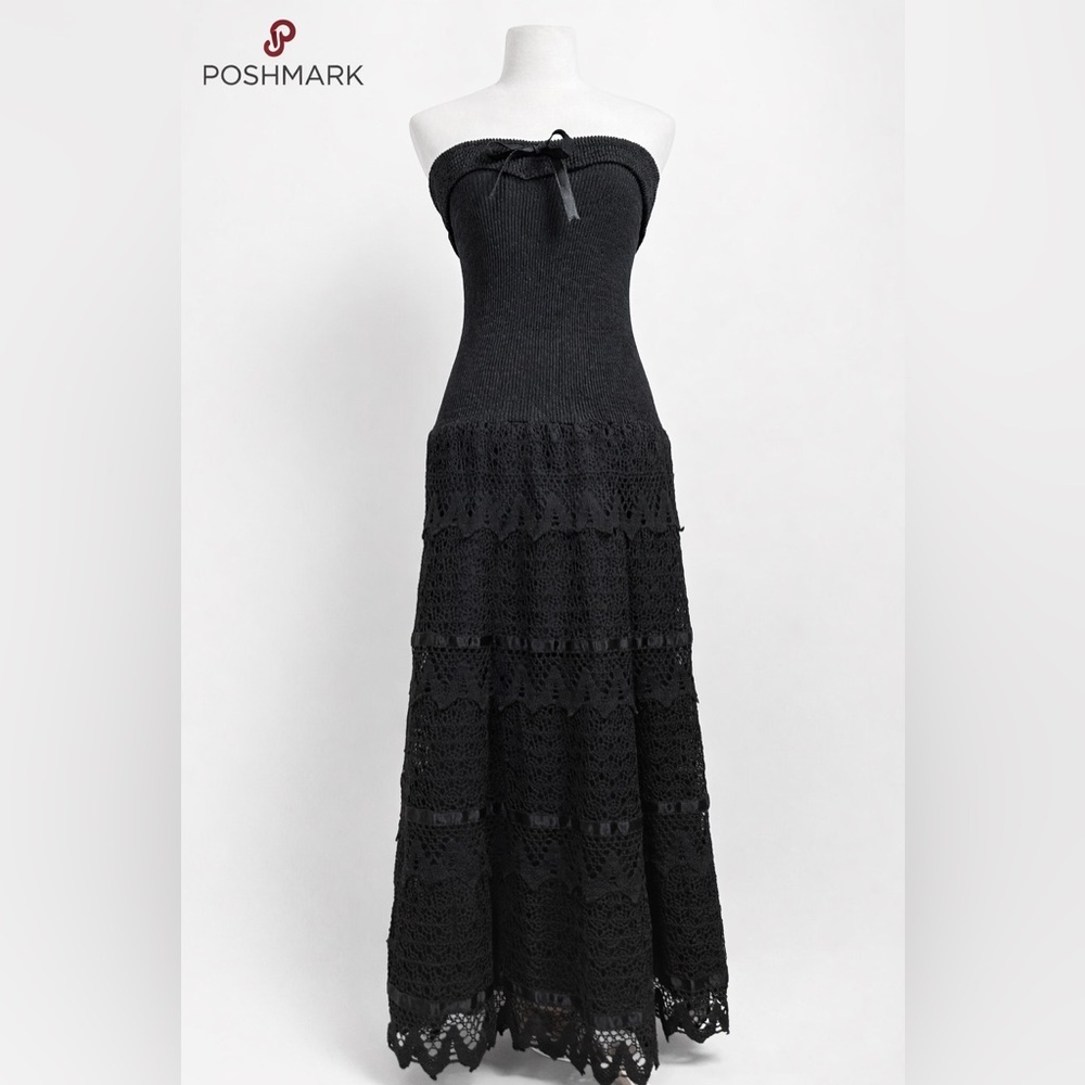 Vintage Strapless Black Knit & Crochet Lace Maxi Dress